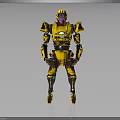 Yellow Mech Robot Character With Purple Faceplate And Green Chest Emblem