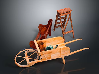 Garden Tools Collection With Wooden Wheelbarrow Ladder Shovel And Pots 3d model