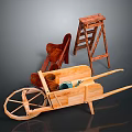 Garden Tools Collection With Wooden Wheelbarrow Ladder Shovel And Pots