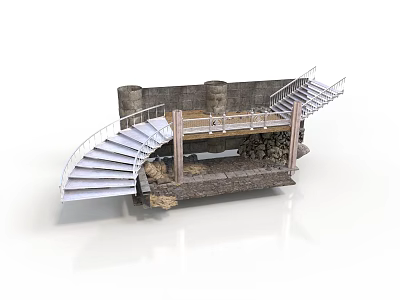 Rustic Stone Wall Structure With Curved Stairs Metal Railing And Stone Platform 3d model
