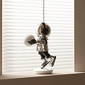Silver Robot Sculpture With Headphones Holding White Ball On White Base Against Window Blinds Background