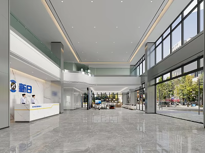 Spacious Modern Hotel Lobby With Marble Floor Large Windows And Reception Desk 3d model