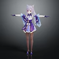 Anime Style Cat Eared Character In Purple Blue Outfit With Flowing Ribbons And Outstretched Hands