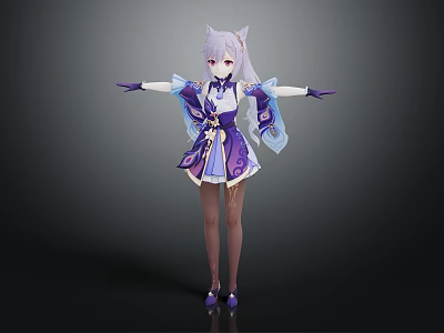 Anime Style Cat Eared Character In Purple Blue Outfit With Flowing Ribbons And Outstretched Hands 3d model