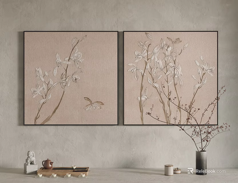 Two Botanical Plant Paintings with Branches Leaves on Light Wall and Teapot Vase Decor 3d model 