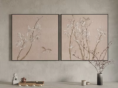 Two Botanical Plant Paintings with Branches Leaves on Light Wall and Teapot Vase Decor 3d model
