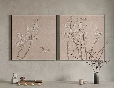 Two Botanical Plant Paintings with Branches Leaves on Light Wall and Teapot Vase Decor 3d model