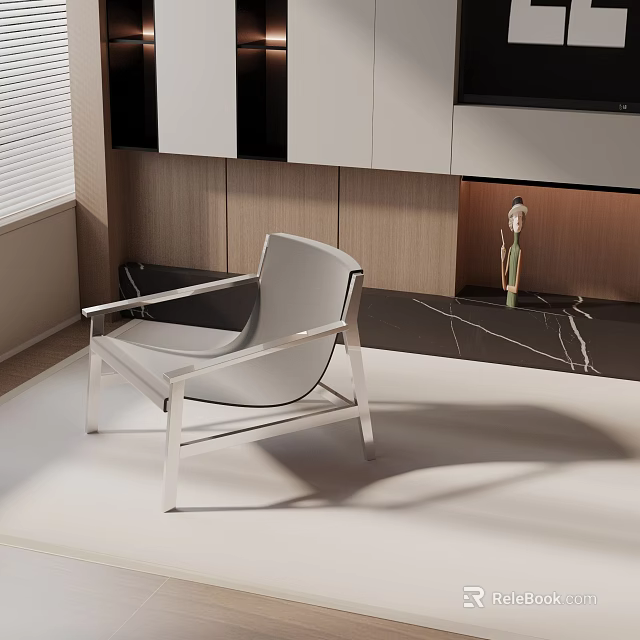 Modern Leisure Chair With Metal Frame In Sleek Interior With Wooden Wall And Black Countertop 3d model 