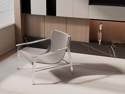 Modern Leisure Chair With Metal Frame In Sleek Interior With Wooden Wall And Black Countertop 3d model