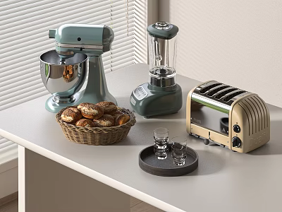 Kitchen Counter With Mixer Blender Toaster Basket Of Pastries And Glasses 3d model