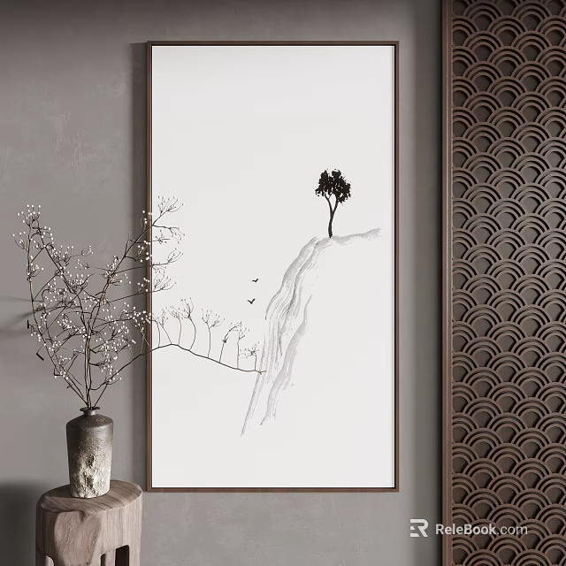 Minimalist Landscape Painting Featuring Single Tree on Mountain Slope and Flying Birds 3d model 