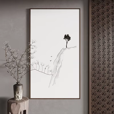 Minimalist Landscape Painting Featuring Single Tree on Mountain Slope and Flying Birds 3d model