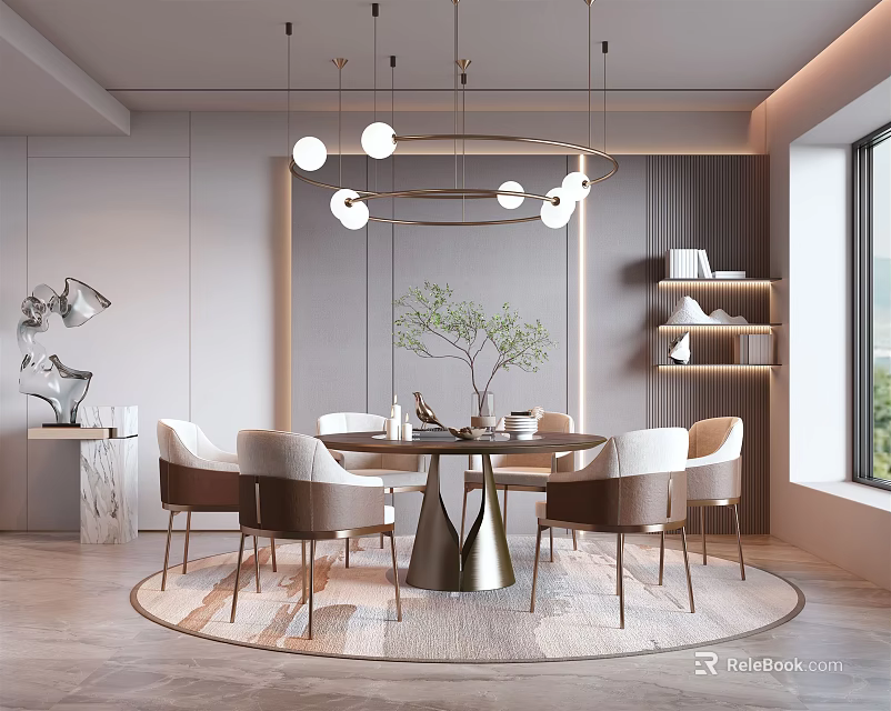 Modern Restaurant Interior With Round Dining Table Chairs Pendant Lights Decorative Plant And Shelves 3d model 