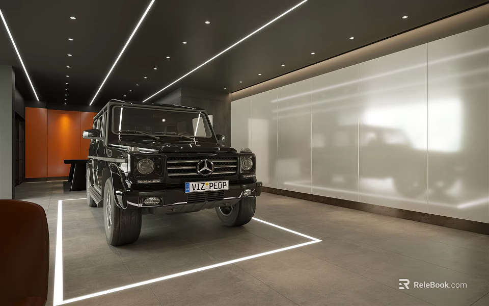 Luxury 4S Store Showcasing Black Mercedes-Benz G-Class In Modern Interior With White Striped Floor 3d model 