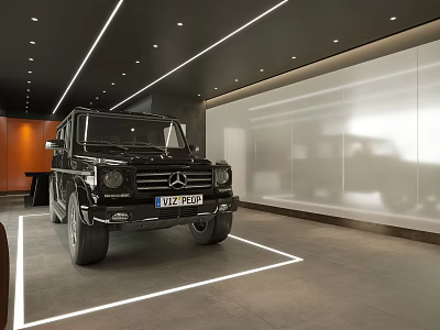 Luxury 4S Store Showcasing Black Mercedes-Benz G-Class In Modern Interior With White Striped Floor 3d model