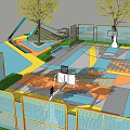 Outdoor Basketball Court With Colorful Floor Design Surrounding Trees And Fencing