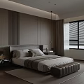 Modern Bedroom Interior With Wooden Paneling Designer Headboard Window Blinds And Ottoman Bench
