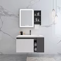Modern Wall Mounted Bathroom Cabinet With Rectangular Mirror Sink Faucet And Marble Texture Wall Design 3d model