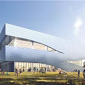 Modern Sales Office Building Featuring Geometric Glass Facade And Landscaped Water Gardens