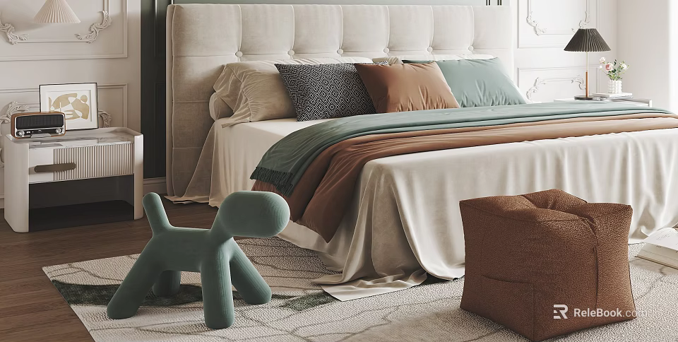 Double bed with padded headboard colorful pillows bedspread brown stool green toy dog on rug 3d model 