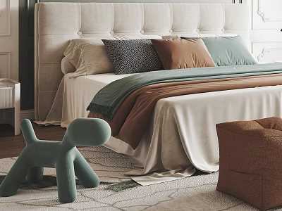 Double bed with padded headboard colorful pillows bedspread brown stool green toy dog on rug 3d model