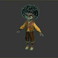 3D Model of Man with Curly Hair Wearing Yellow Shirt Brown Pants and Red Scarf