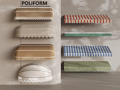 Stylish Awnings in Various Colors and Designs Including Striped and Fringed 3d model