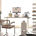 Bright Modern Study Room With Wooden Desk Computer Monitor Bookshelf And Green Plant