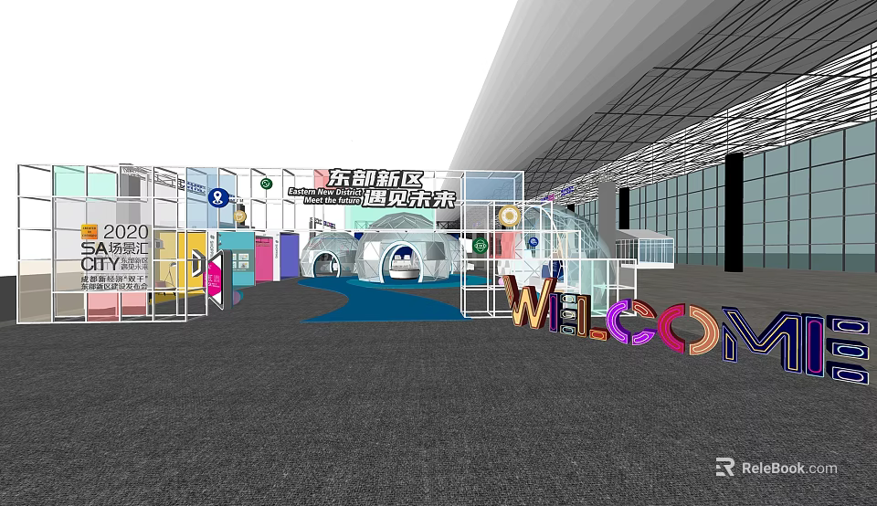 Innovative Fun Future Themed Stage With Colorful Welcome Letters And Exhibition Booths 3d model 