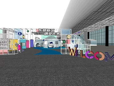 Innovative Fun Future Themed Stage With Colorful Welcome Letters And Exhibition Booths 3d model