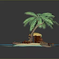Tropical Island Scenery With Palm Trees Thatched Hut Beach Wooden Boat And Blue Ocean