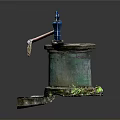 Rustic Hand Water Pump On Green Stone Well Platform With Mossy Weathered Ground