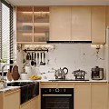 Modern Wooden Kitchen Interior With Marble Backsplash Black White Floor Tiles And Appliances