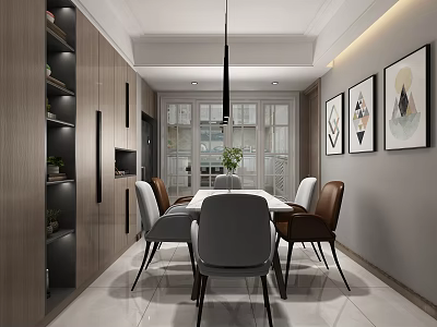 Modern Dining and Living Room Interior With Dining Table Chairs Pendant Light And Decorative Paintings 3d model