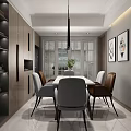 Modern Dining and Living Room Interior With Dining Table Chairs Pendant Light And Decorative Paintings