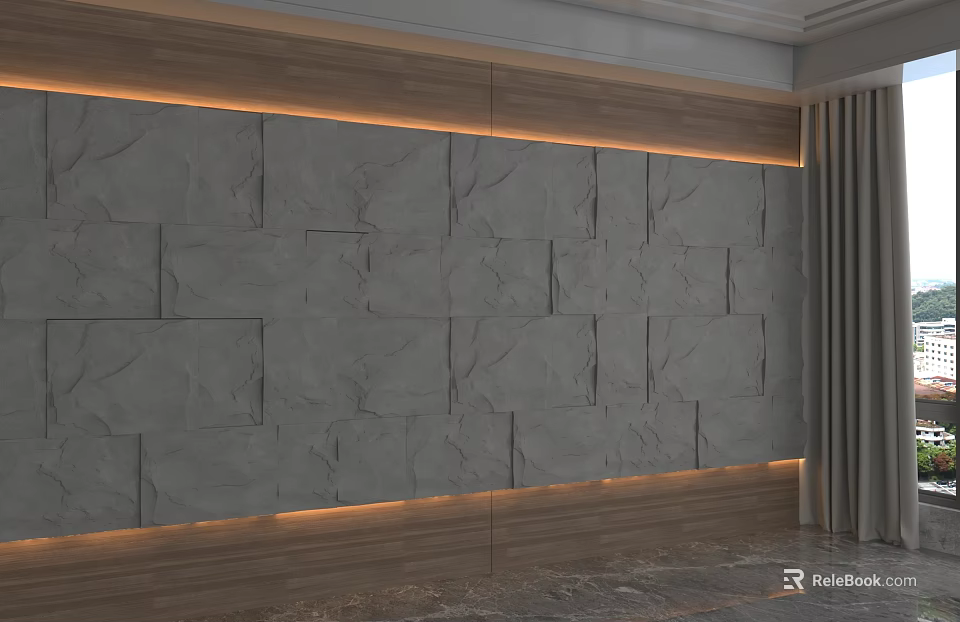 Modern Feature Wall With Gray Stone Panel Design Wooden Border And Ambient Lighting 3d model 