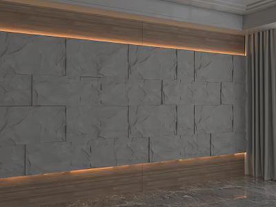 Modern Feature Wall With Gray Stone Panel Design Wooden Border And Ambient Lighting 3d model