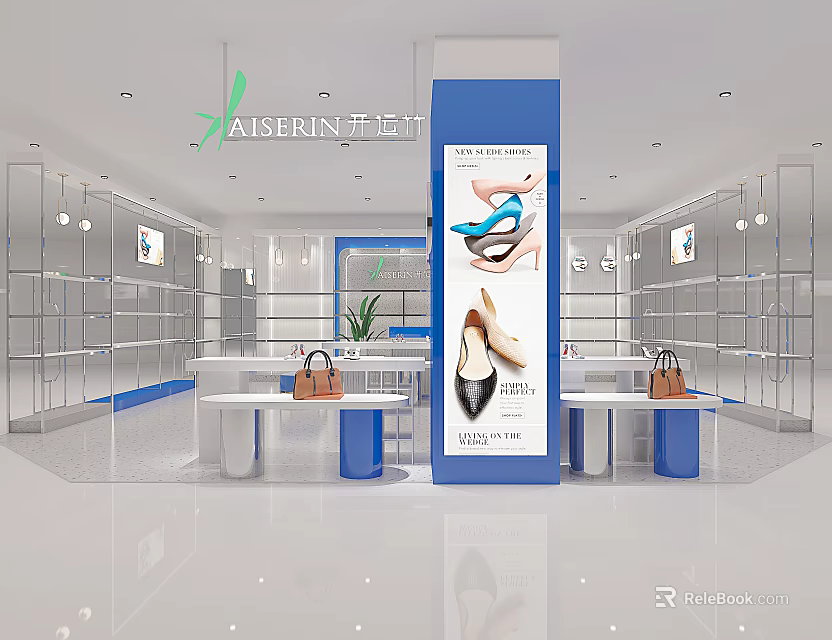 AISERIN Store Shoes and Bags Display with Glass Shelves White Blue Interior 3d model 