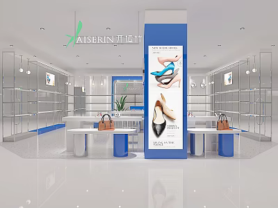 AISERIN Store Shoes and Bags Display with Glass Shelves White Blue Interior 3d model