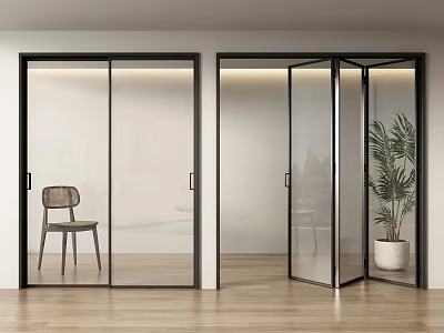 Black Frame Glass Folding Doors In Indoor Space With Wooden Floor Plant And Chair 3d model