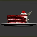 Red Velvet Cake Slice With Cream Layers And Red Topping On White Plate