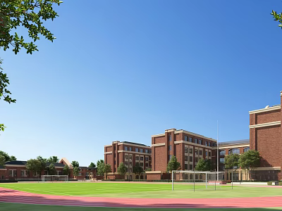 Red Brick School Buildings With Football Field Running Track And Trees In Clear Blue Sky 3d model