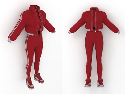 Red Tracksuit Set Featuring Jacket Pants White Stripes Zipper And Shoes 3d model