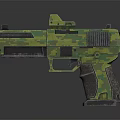 Modern Military Style Futuristic Pistol With Green Camouflage Pattern Tactical Scope And Ergonomic Grip