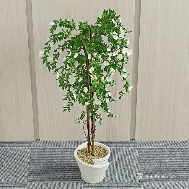 Bonsai Potted Plant With Green Leaves White Flowers In White Pot For Indoor Decor 3d model 