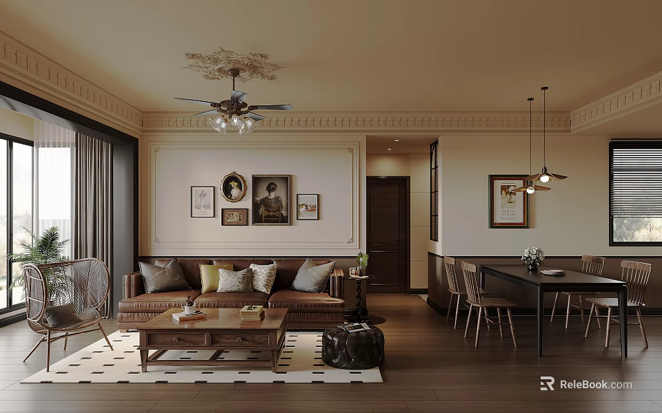 Cozy Living and Dining Room Interior with Sofa Dining Table Chairs and Decorative Art 3d model 