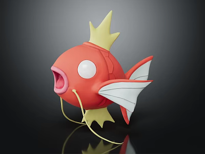 Red Fish Doll With Yellow Crown White Eyes Open Mouth And Red White Fins 3d model