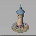 Detailed Architectural Tower Model With Blue Roof And Yellow Decorative Walls