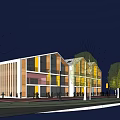 Modern Kindergarten Building Exterior With White Walls Yellow Accents And Colorful Logo