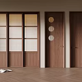 Interior Wooden Doors With Lattice Windows Circular Patterns And Herringbone Floor 3d model